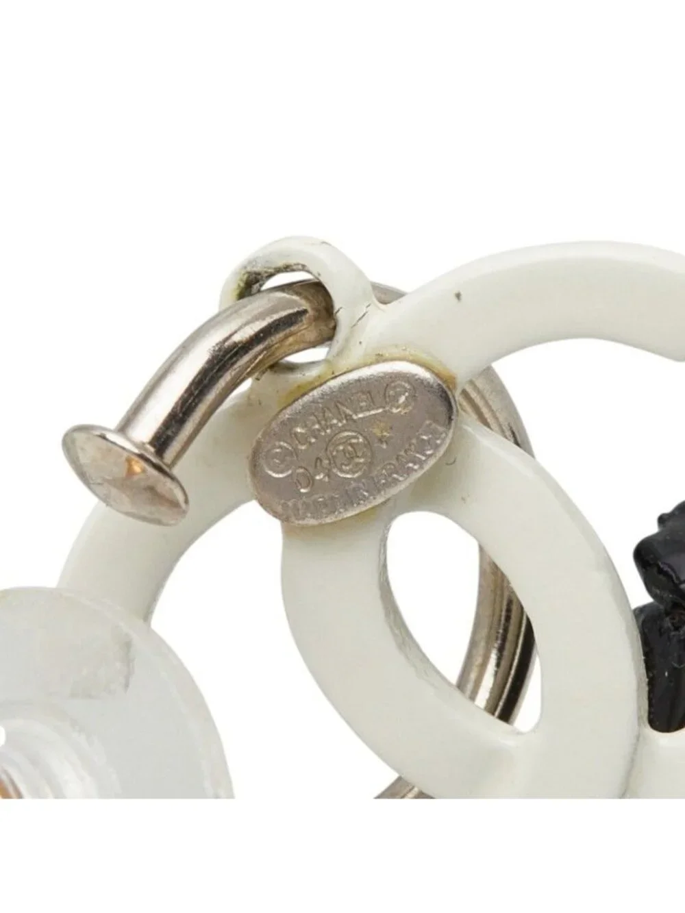 Chanel CC Logo Camellia Swing Earrings 04 White Black Metal